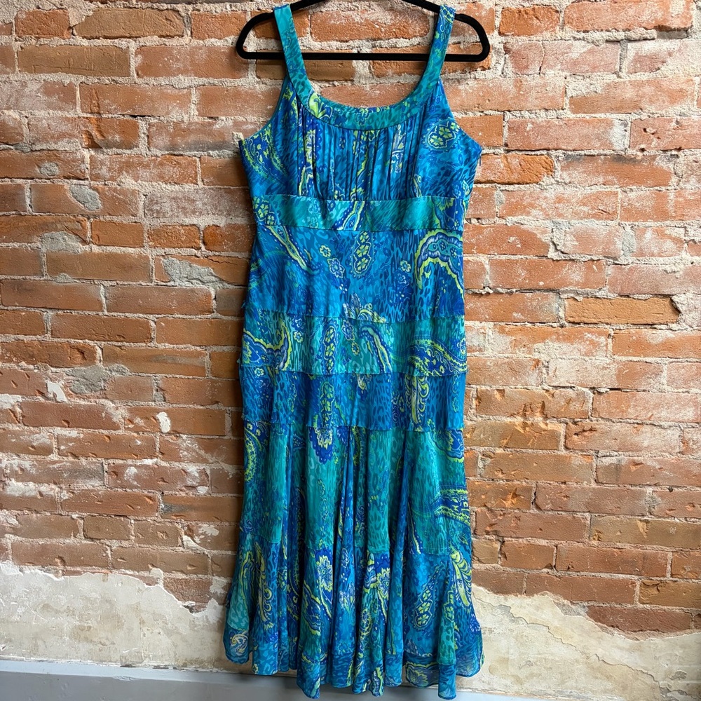 Y2K Blue-Green Sleeveless Tiered Maxi Dress Floral Paisley Boho Whimsy Fairy